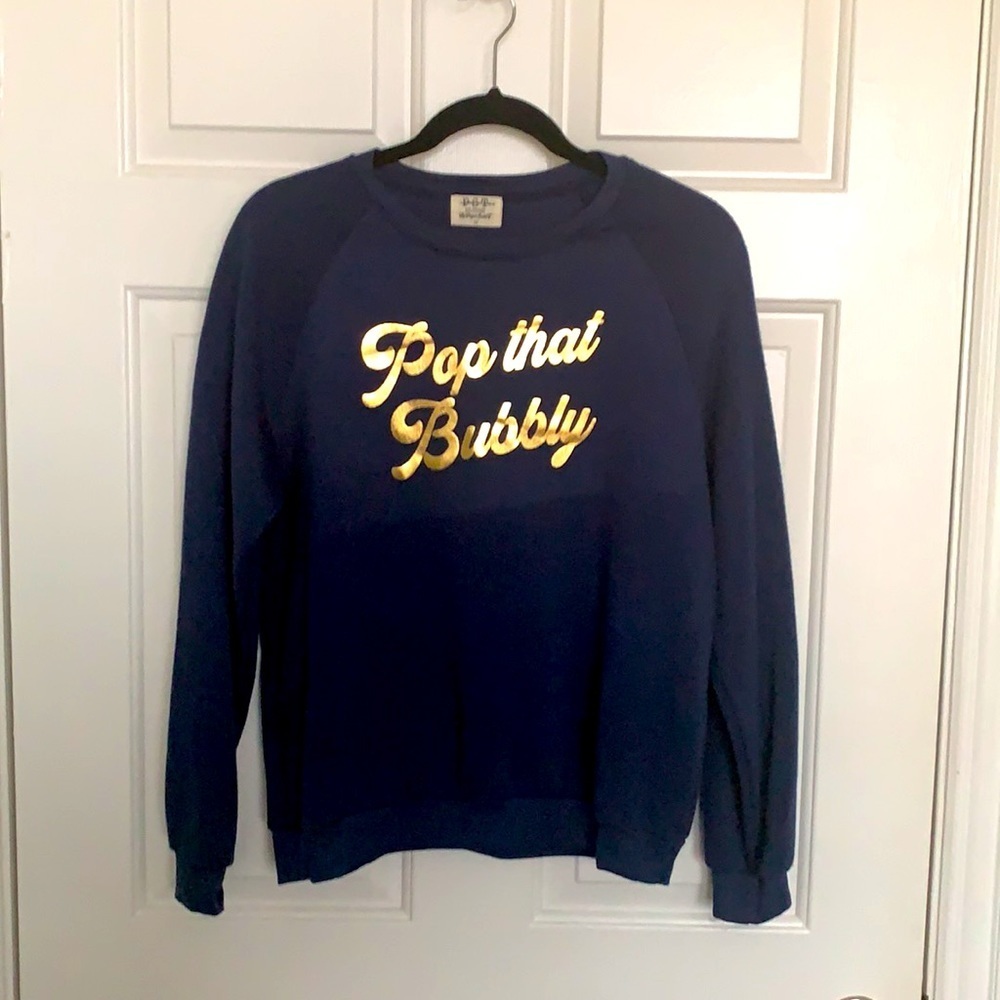 Project Social T Blue Graphic Sweatshirt with Gold Writing. Size M